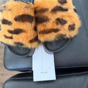 Céline faux Leopard Print Fur Slides - Tan  & Black size 39